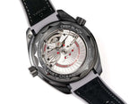 Omega watch with visible mechanical movement on the caseback and black strap