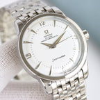 Omega Seamaster watch with silver bracelet and white dial, gold hands and markers