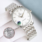 Omega Seamaster watch in angled view with silver bracelet and white dial, gold hands