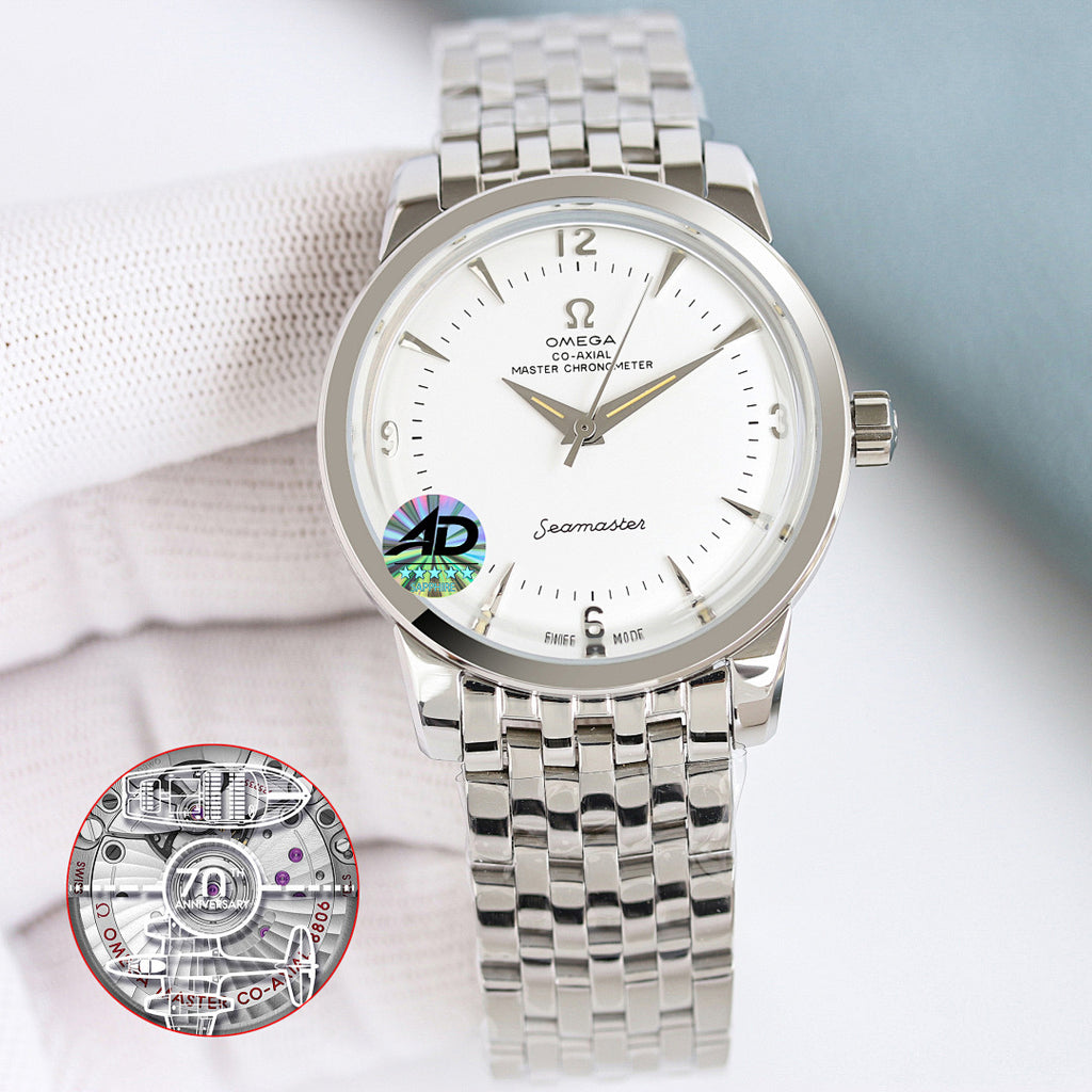 Omega Seamaster watch with silver metal bracelet and white dial, gold hands