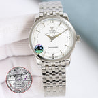 Omega Seamaster watch with silver metal bracelet and white dial, gold hands