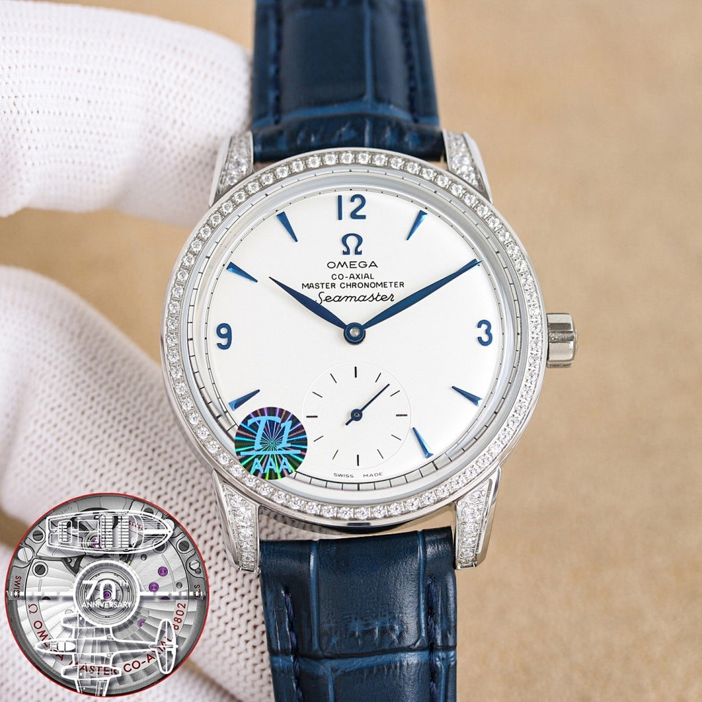 Silver analog wristwatch with diamond bezel, white dial, blue leather strap close-up