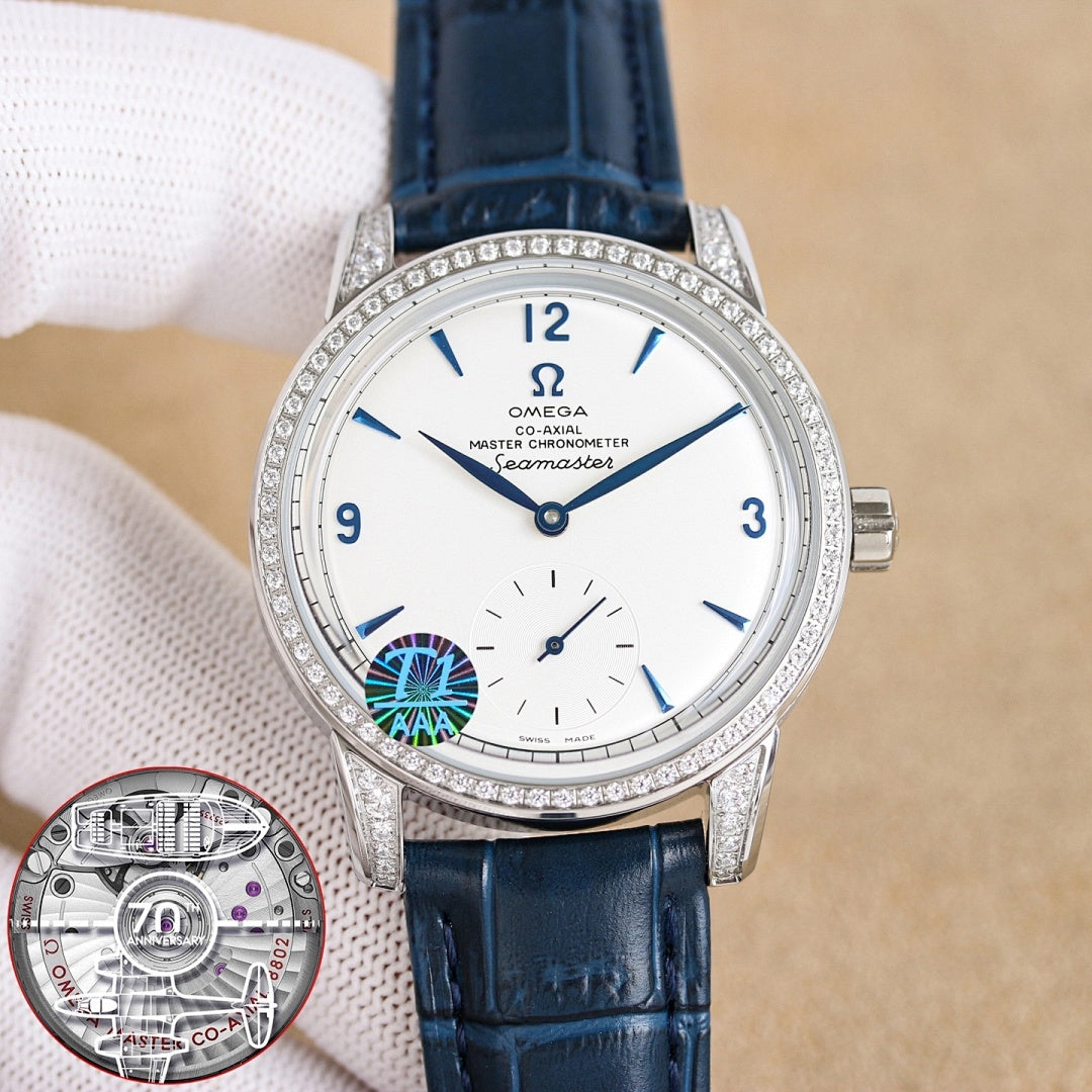 Silver analog wristwatch with diamond bezel, white dial, blue leather strap close-up
