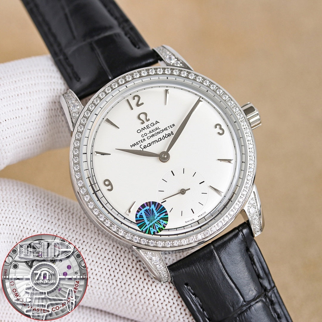 Silver analog wristwatch with diamond bezel, white dial, black leather strap