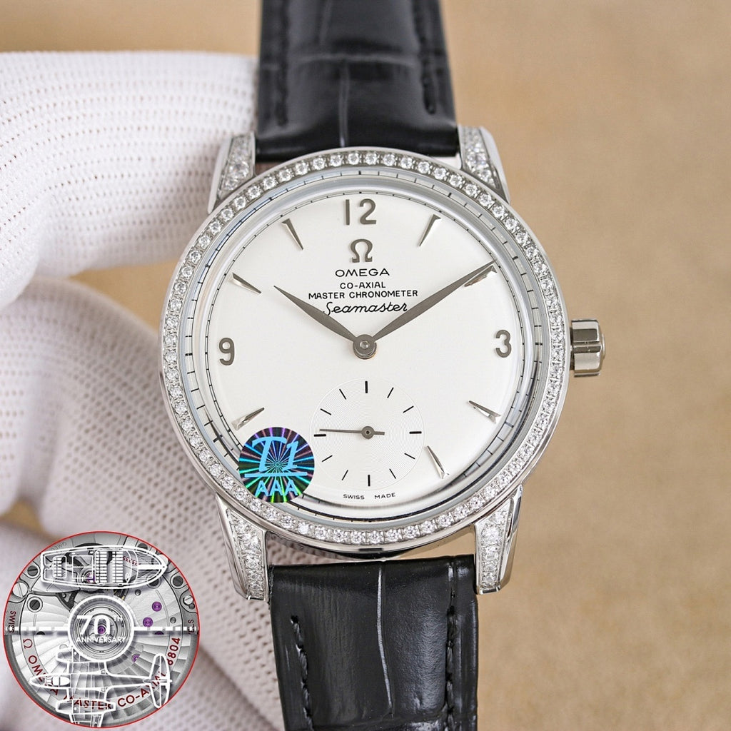Silver analog wristwatch with diamond bezel, white dial, black leather strap front view