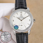 Silver analog wristwatch with diamond bezel, white dial, black leather strap front view