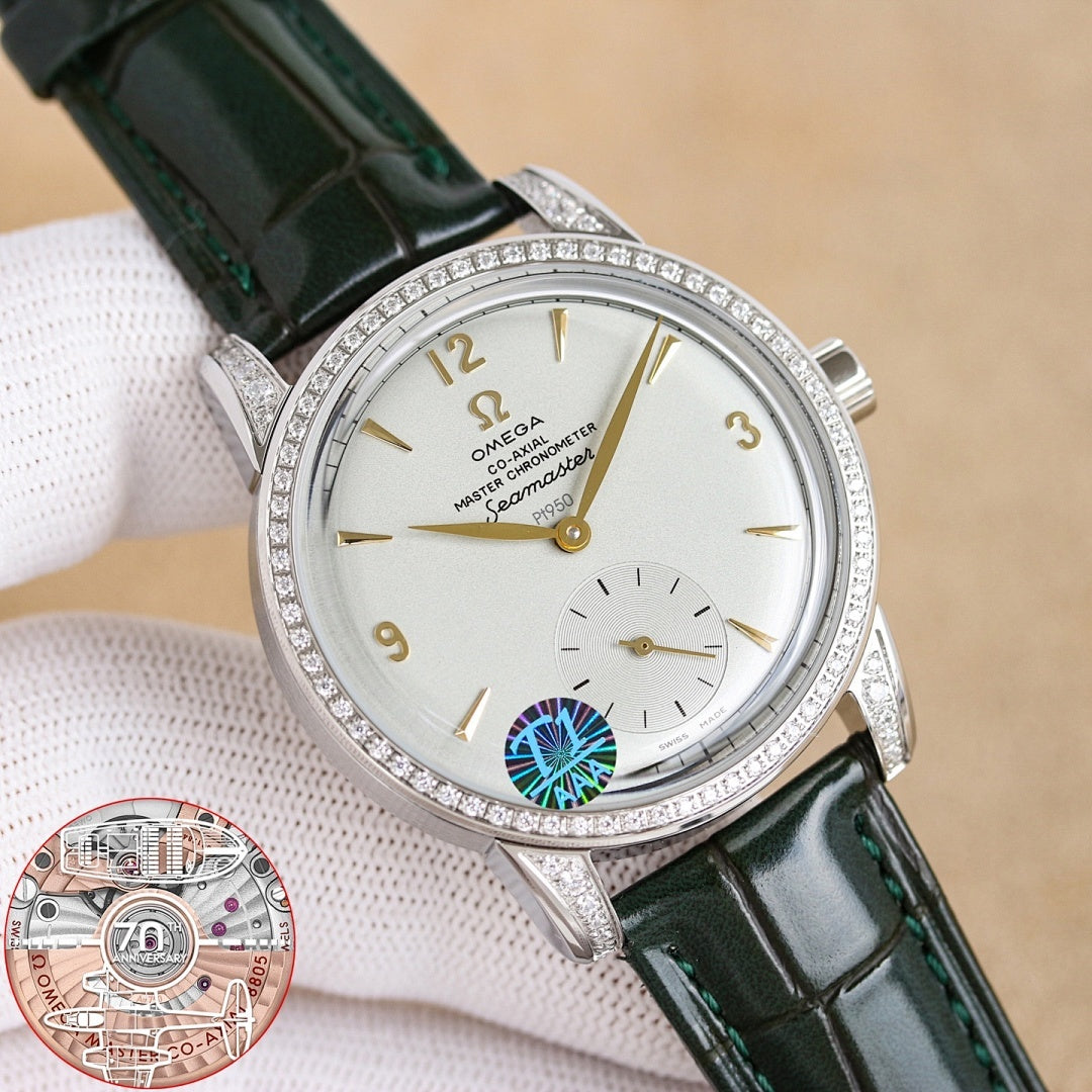 Silver analog wristwatch with diamond bezel, white dial, dark green leather strap