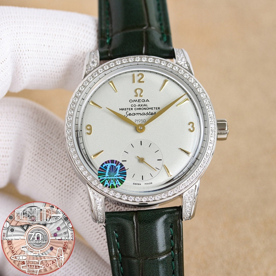 Silver analog wristwatch with diamond bezel, white dial, green leather strap