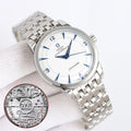 Seamaster wristwatch with silver metal bracelet and white dial, blue hands and markers