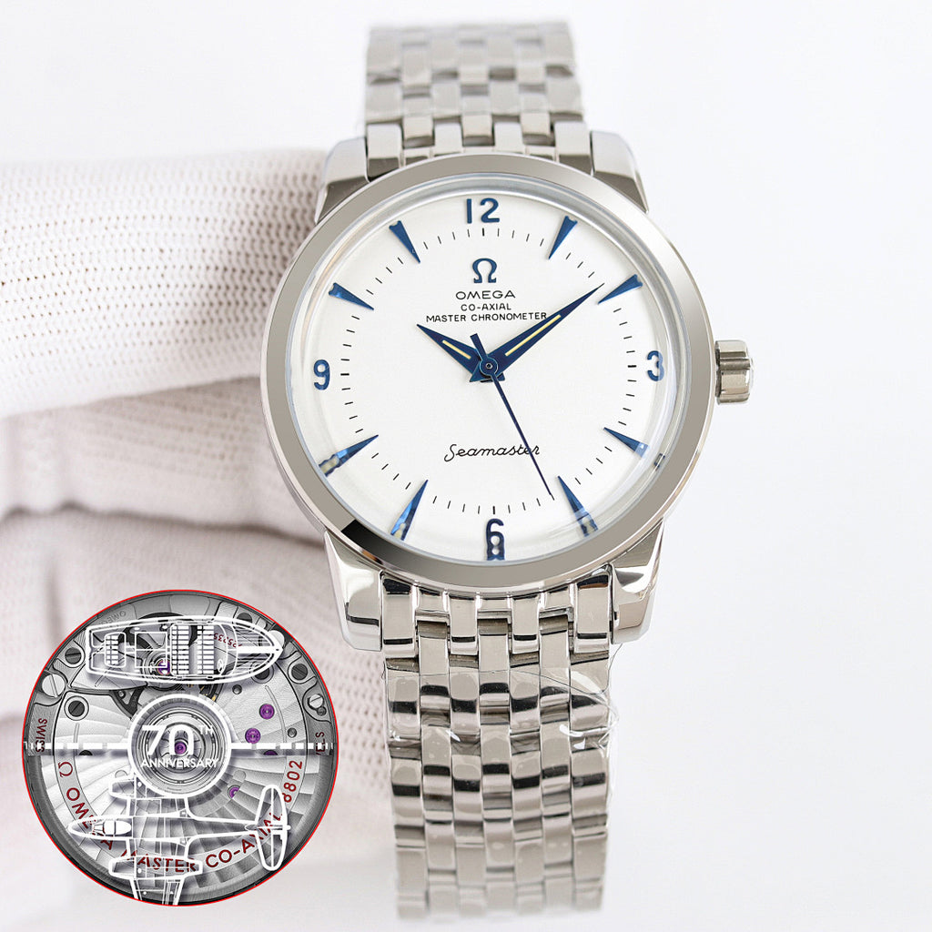 Seamaster wristwatch with silver bracelet and white dial, blue hands and markers