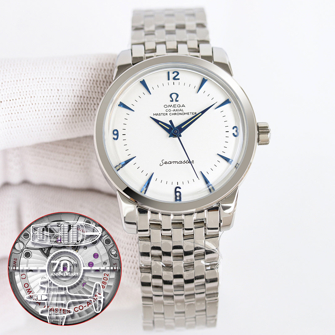 Seamaster wristwatch with silver bracelet and white dial, blue hands and markers
