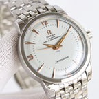 Seamaster wristwatch close-up with silver case, white dial and gold-toned hands