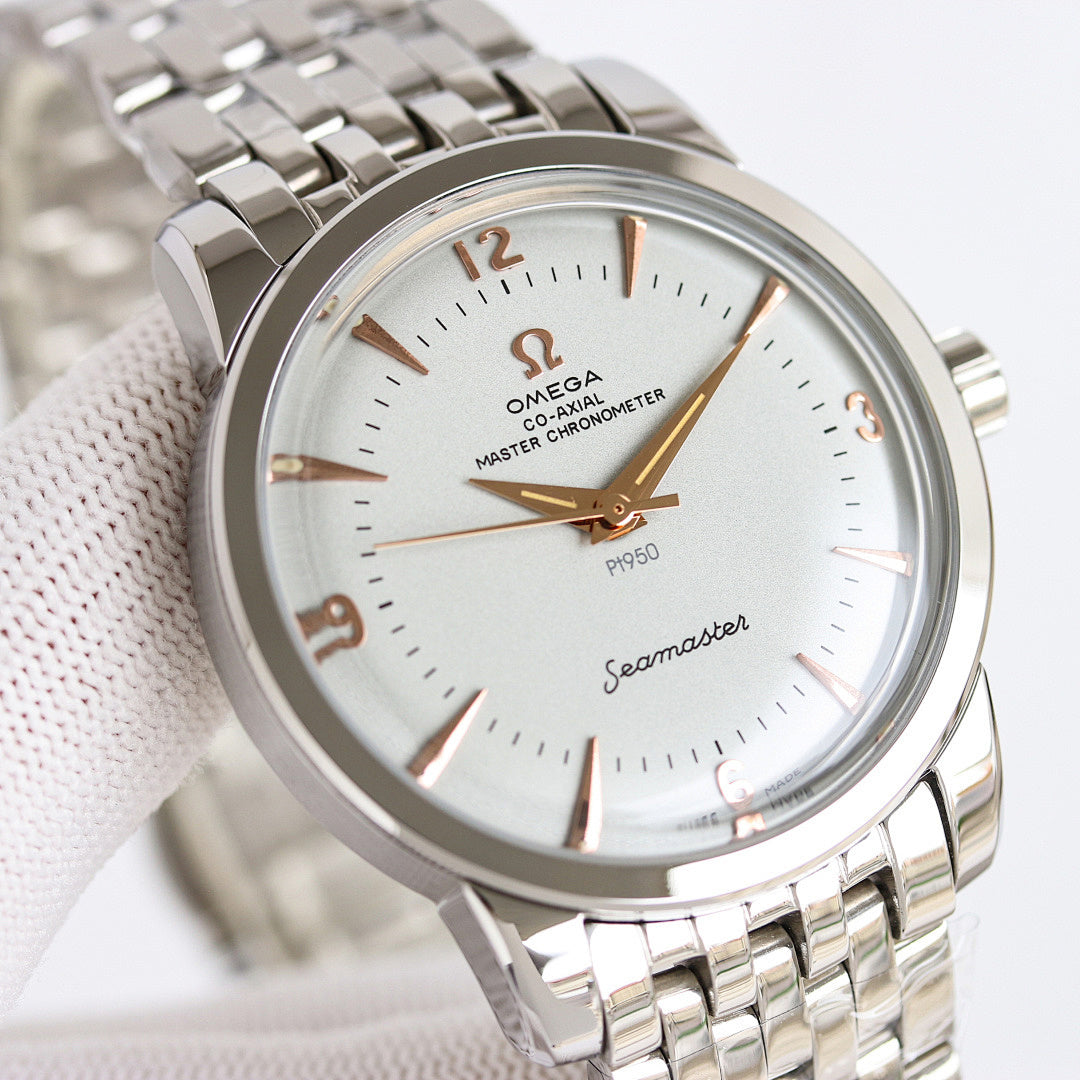 Seamaster wristwatch close-up with silver case, white dial and gold-toned hands