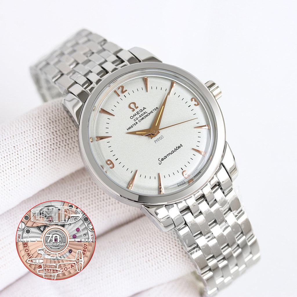 Seamaster wristwatch with silver bracelet and white dial, gold-toned accents on hands