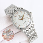 Seamaster wristwatch with silver bracelet and white dial, gold-toned accents on hands