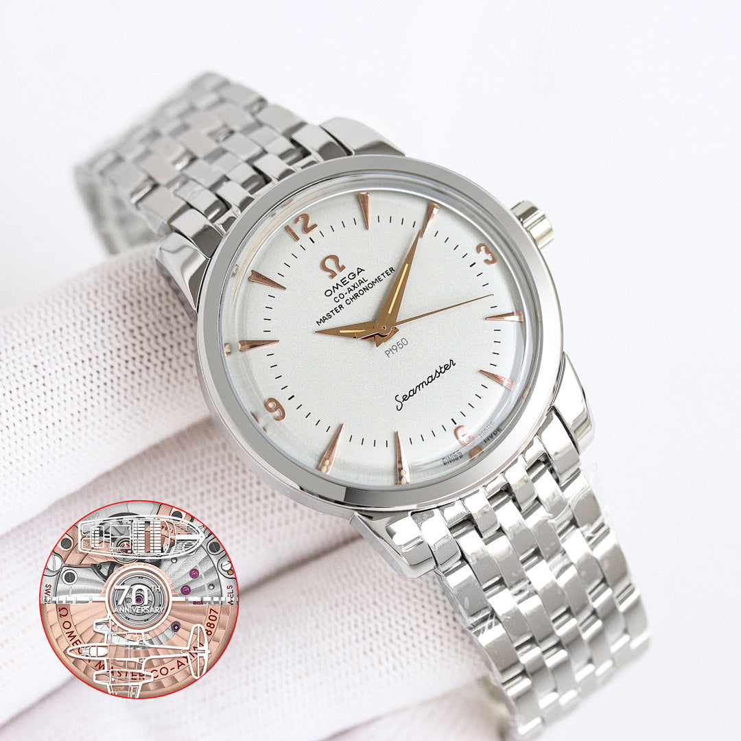 Seamaster wristwatch with silver bracelet and white dial, gold-toned accents on hands