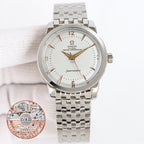 Seamaster wristwatch with silver metal bracelet and white dial, blue hands and markers