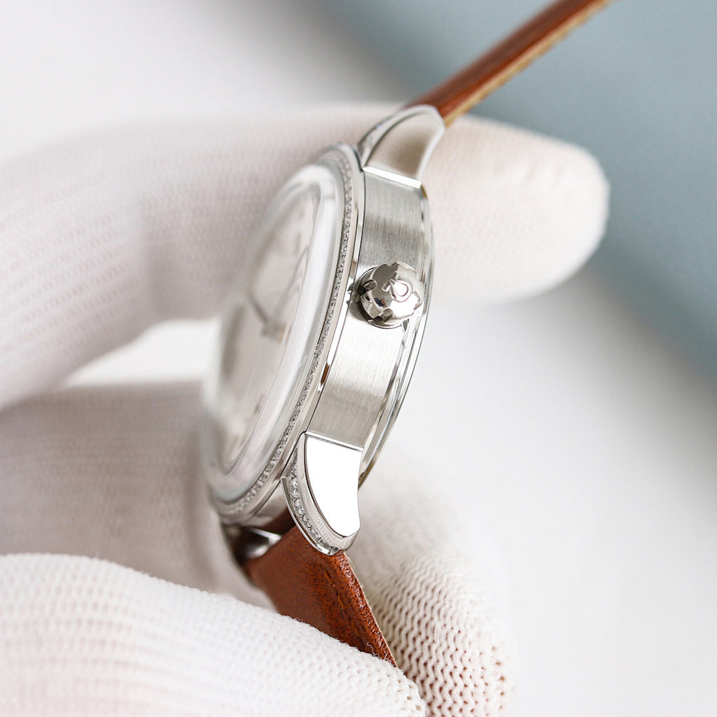 Omega Seamaster watch side profile with brown leather strap