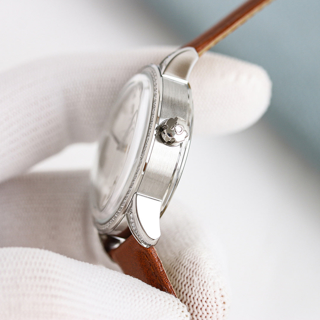 Omega Seamaster watch side profile with brown leather strap