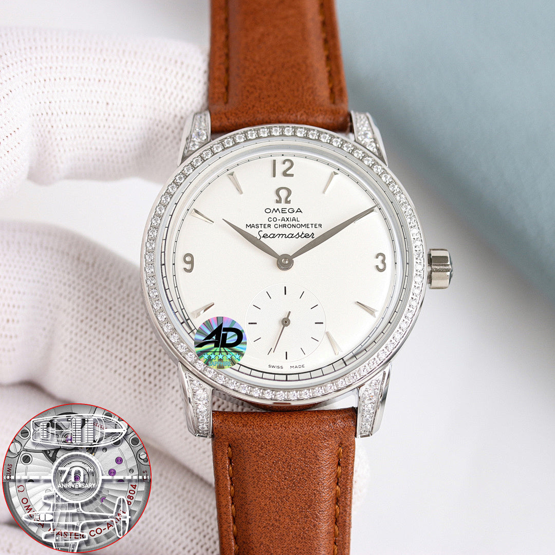 Omega Seamaster watch with white dial, diamond bezel, brown leather strap