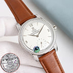 Omega Seamaster watch with white dial, diamond bezel, brown leather strap