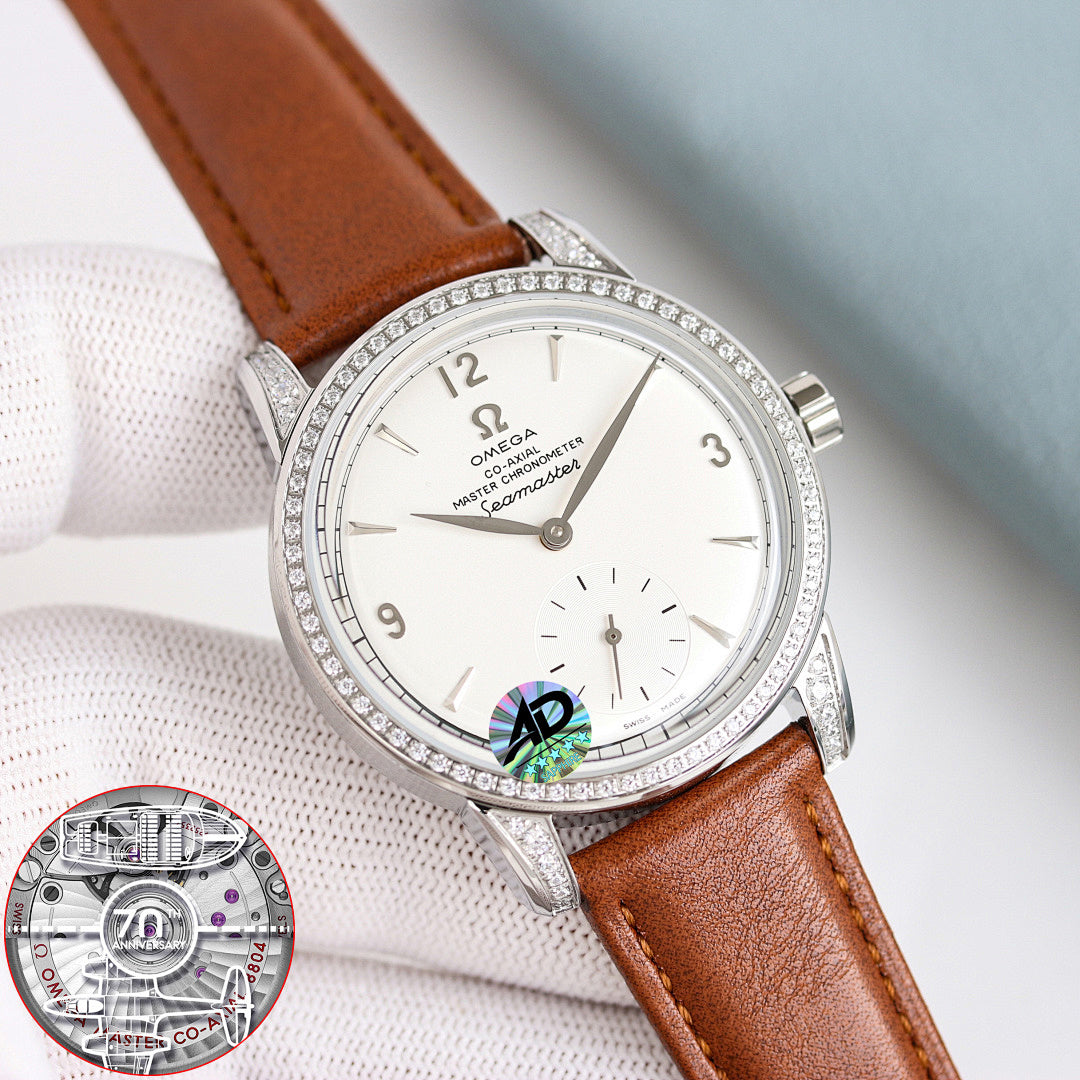 Omega Seamaster watch with white dial, diamond bezel, brown leather strap