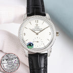 Omega Seamaster watch with white dial, diamond bezel, black leather strap