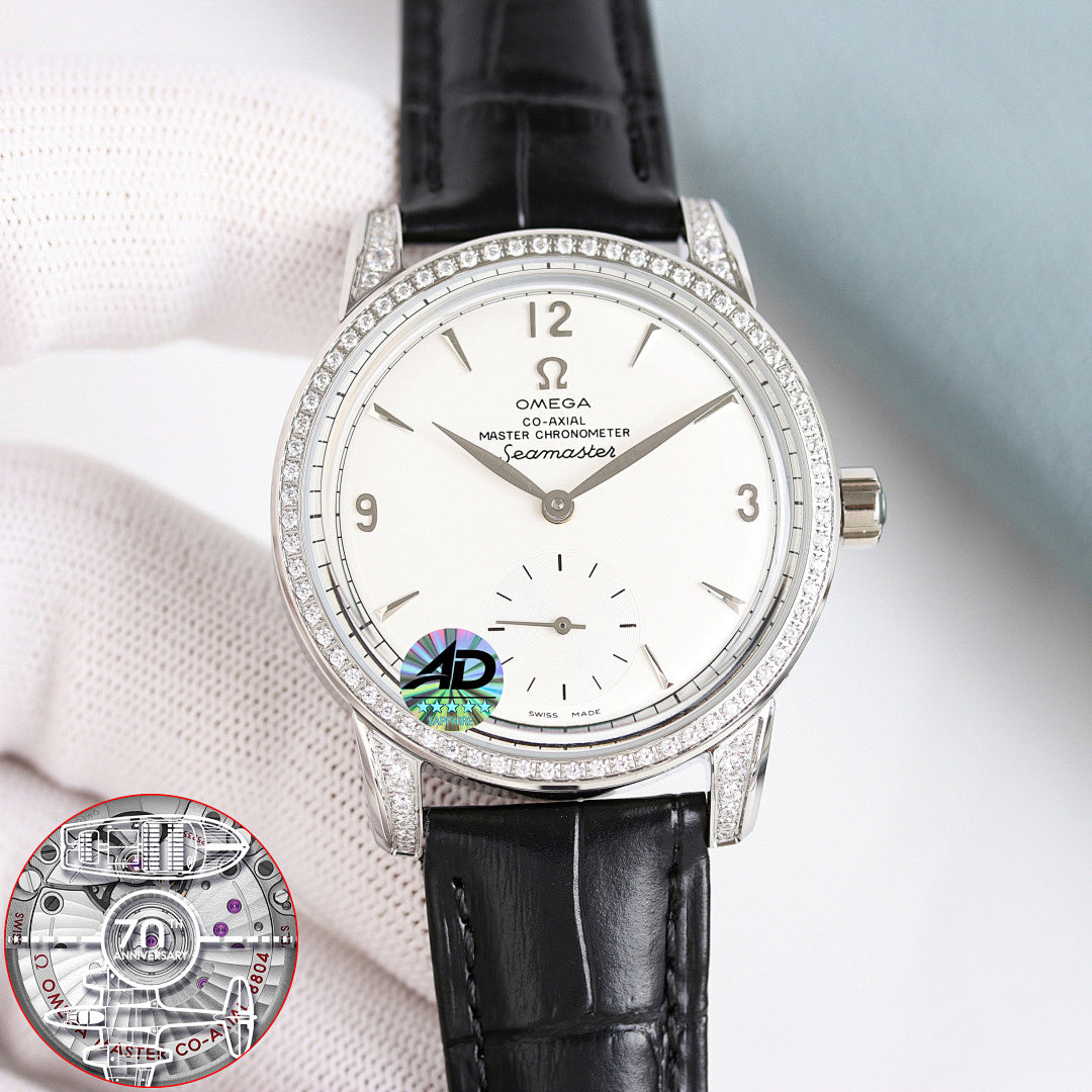Omega Seamaster watch with white dial, diamond bezel, black leather strap