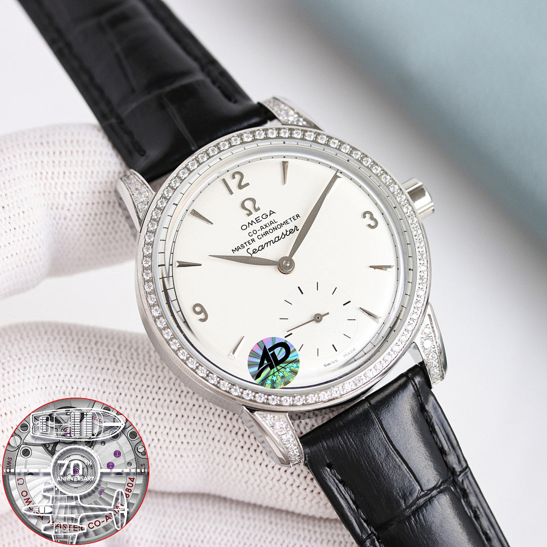 Omega Seamaster watch with white dial, diamond bezel, black leather strap