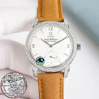 Omega Seamaster watch with white dial, diamond bezel, tan leather strap