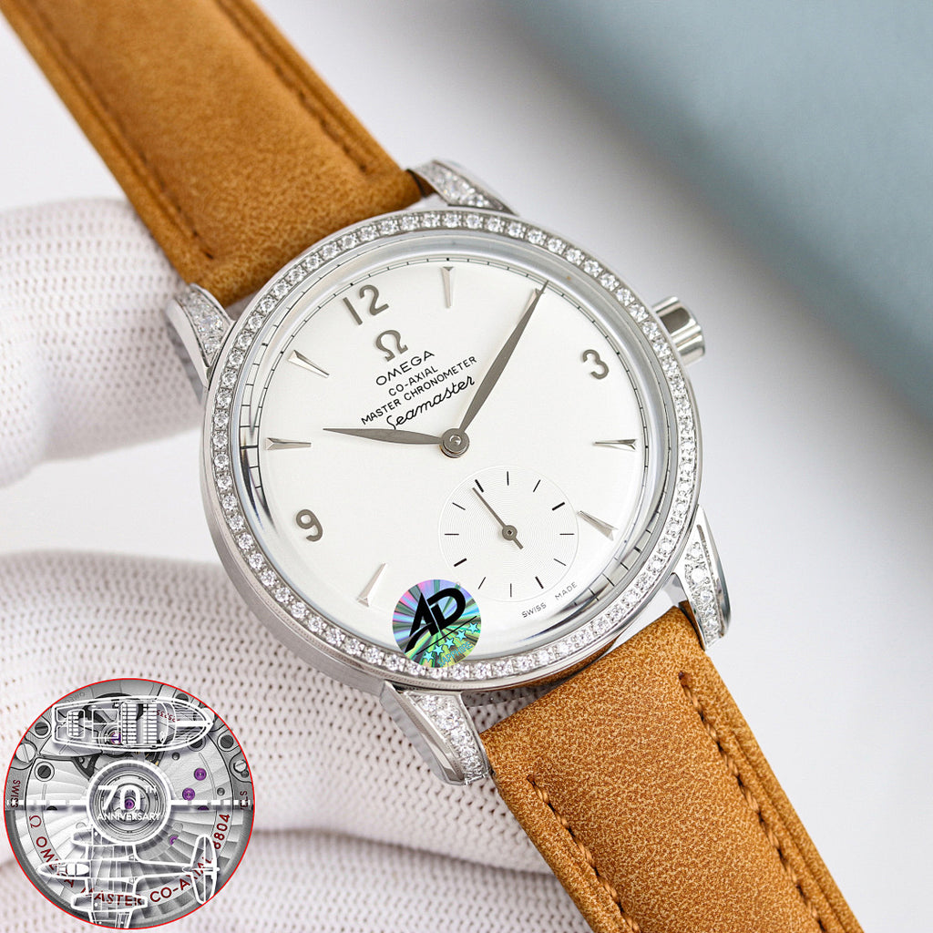 Omega Seamaster watch with white dial, diamond bezel, brown leather strap