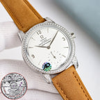 Omega Seamaster watch with white dial, diamond bezel, brown leather strap