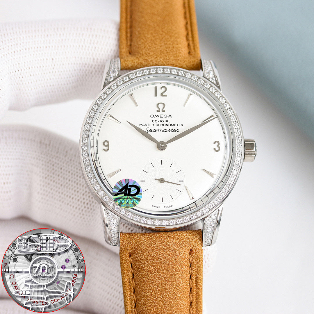 Omega Seamaster watch with white dial, diamond bezel, brown leather strap
