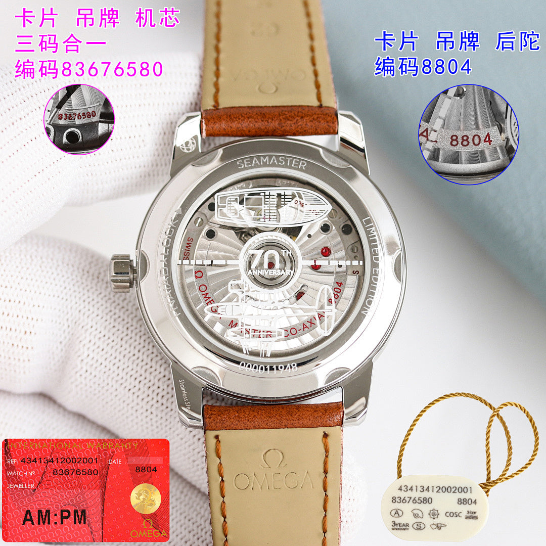 Omega Seamaster watch back with brown leather strap