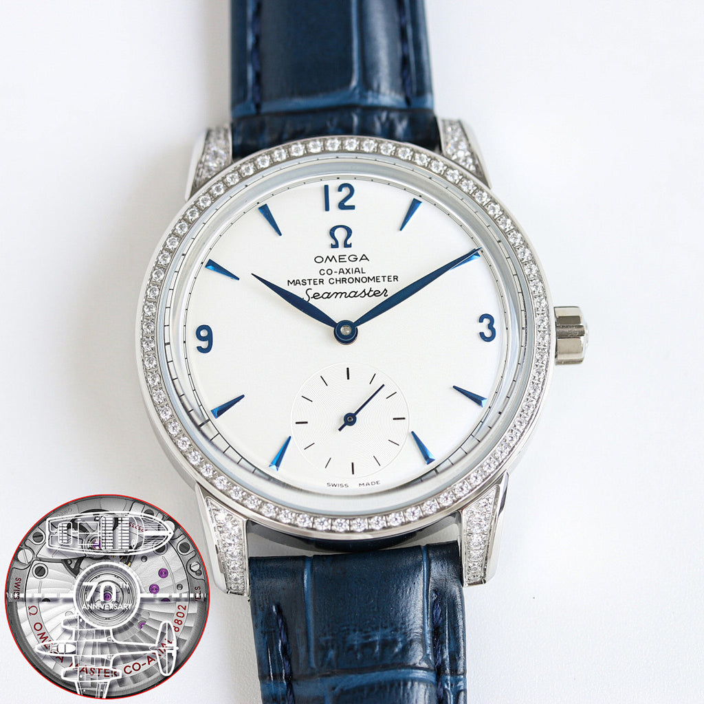 Silver-tone watch with blue leather strap, diamond bezel, white dial with blue markers.