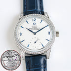 Silver-tone watch with blue leather strap, diamond bezel, white dial with blue markers.