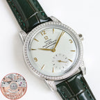 Silver-tone watch with dark green leather strap, diamond bezel, white dial and gold hands.