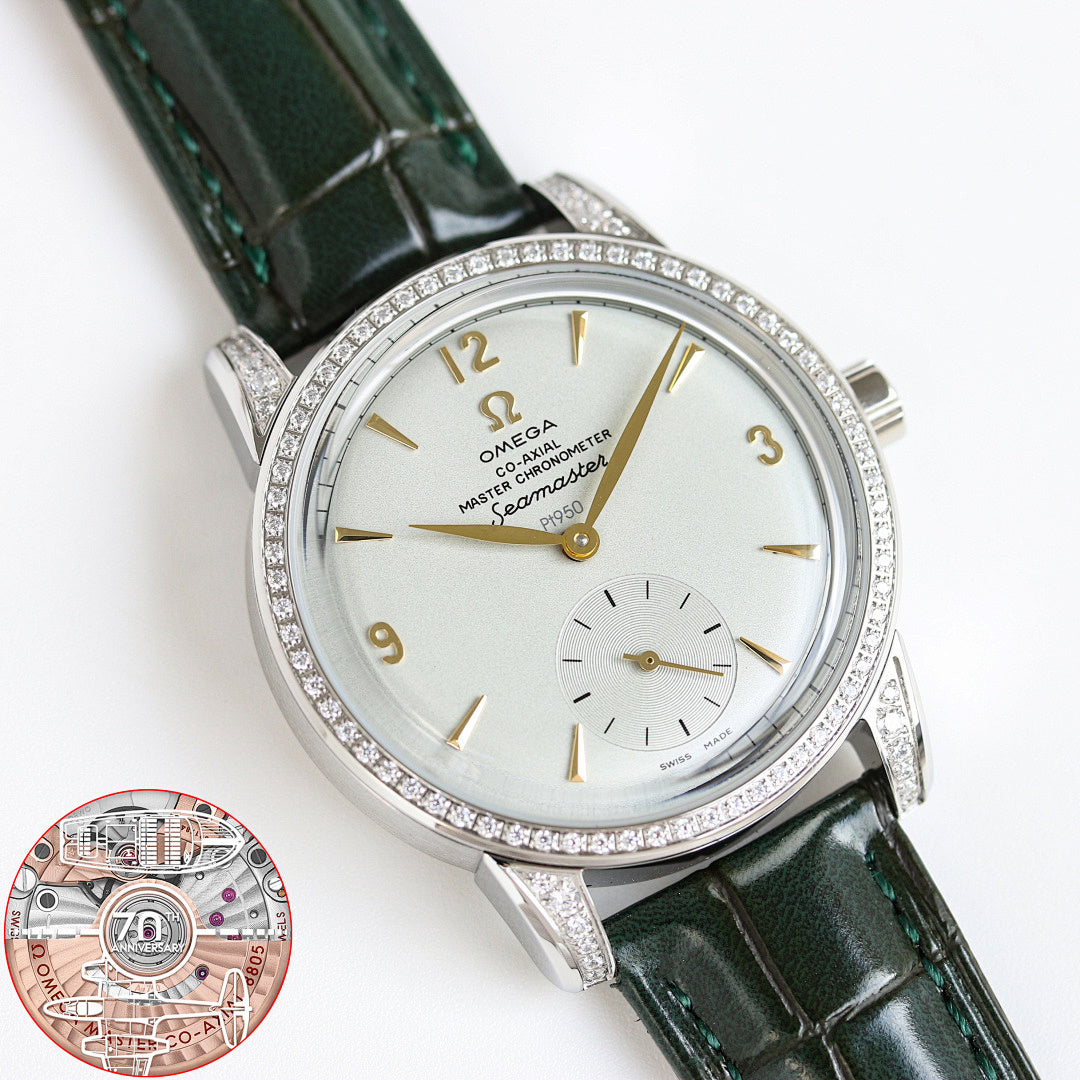 Silver-tone watch with dark green leather strap, diamond bezel, white dial and gold hands.