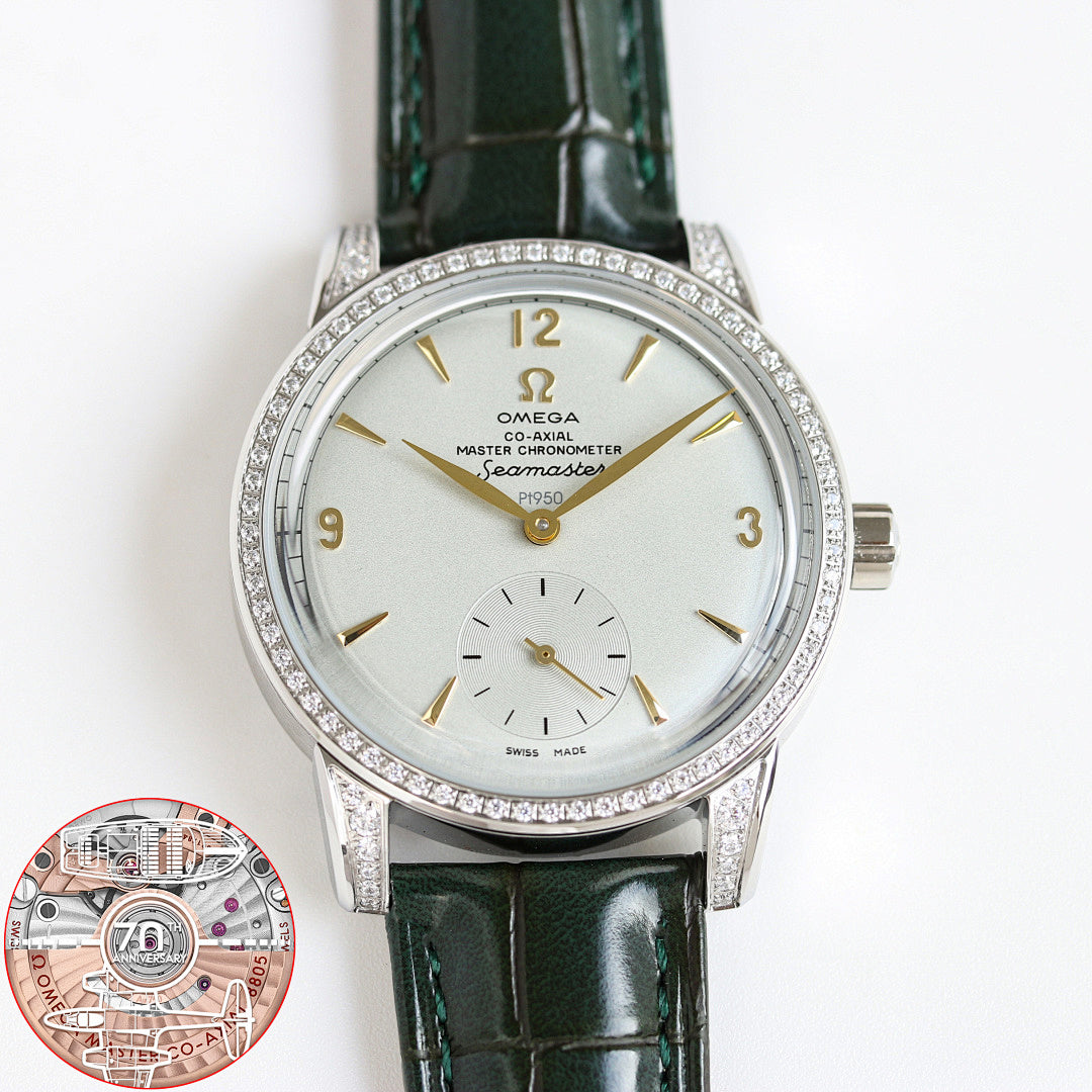 Silver watch with green leather strap, diamond bezel, white dial and gold markers.