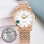 Omega Seamaster watch with gold bracelet, white dial, and visible caseback disc