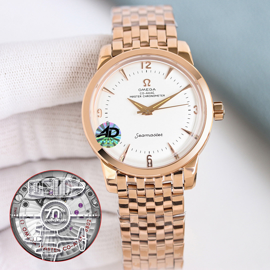 Omega Seamaster watch with gold bracelet, white dial, and visible caseback disc