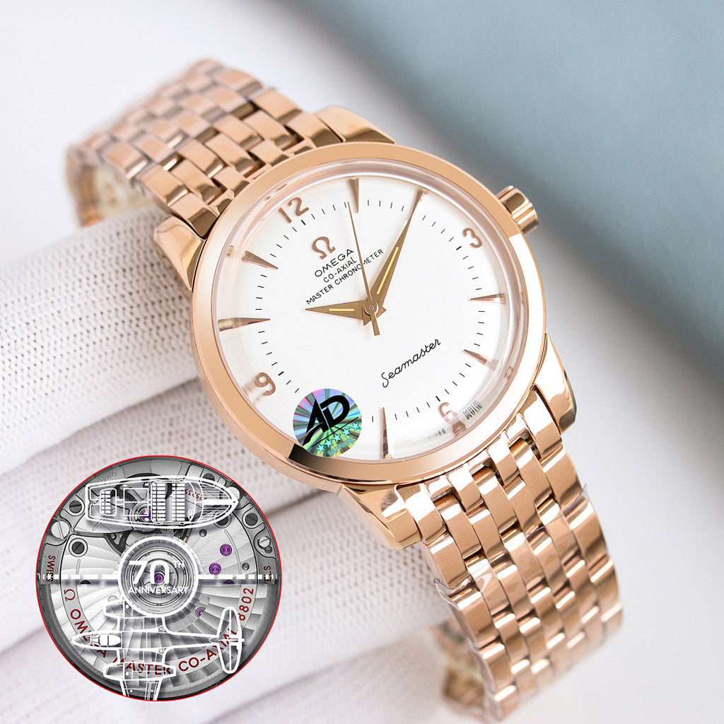 Omega Seamaster watch with gold bracelet, white dial, and gold-tone hands