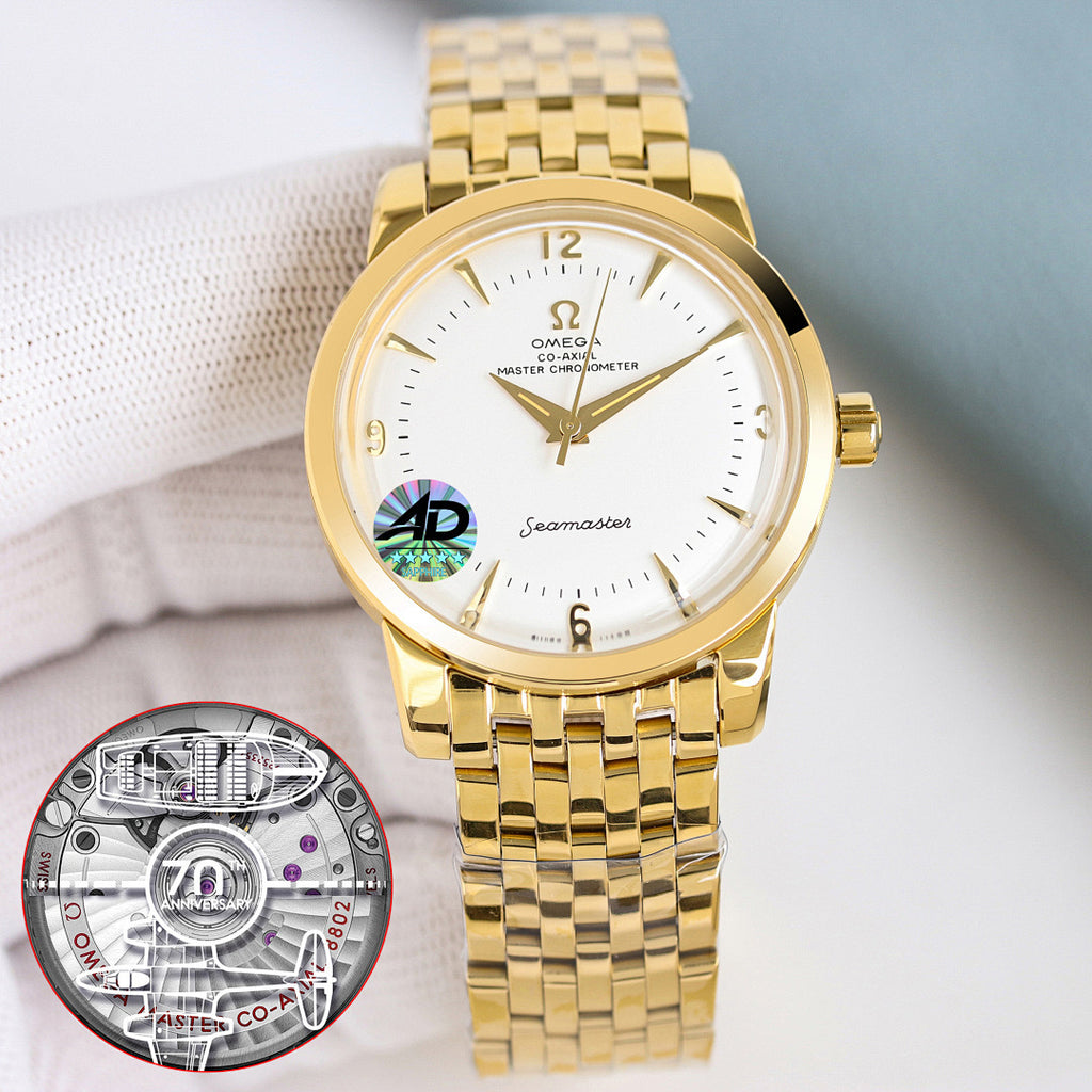 Omega Seamaster watch with gold bracelet, white dial, and metal caseback disc