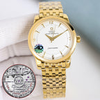 Omega Seamaster watch with gold bracelet, white dial, and metal caseback disc