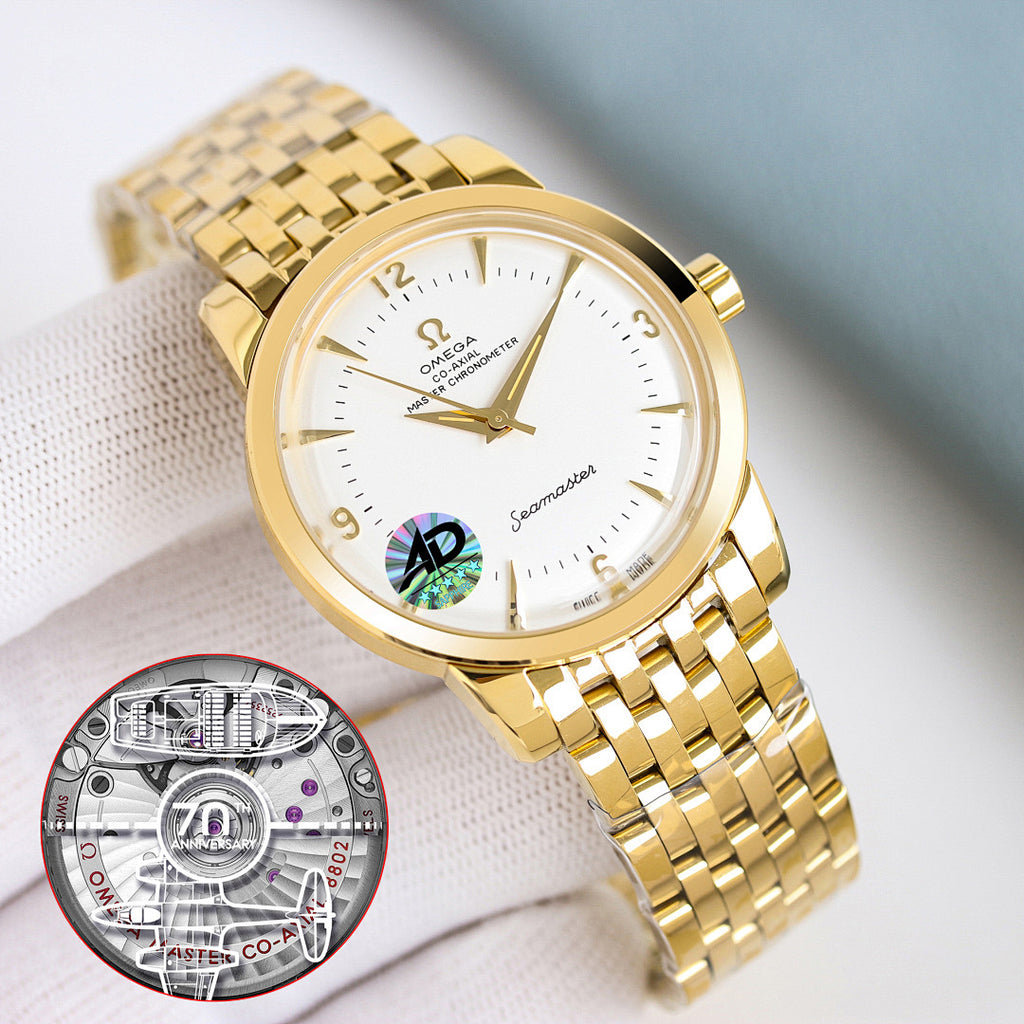 Omega Seamaster watch with gold bracelet, white dial, and caseback disc insert
