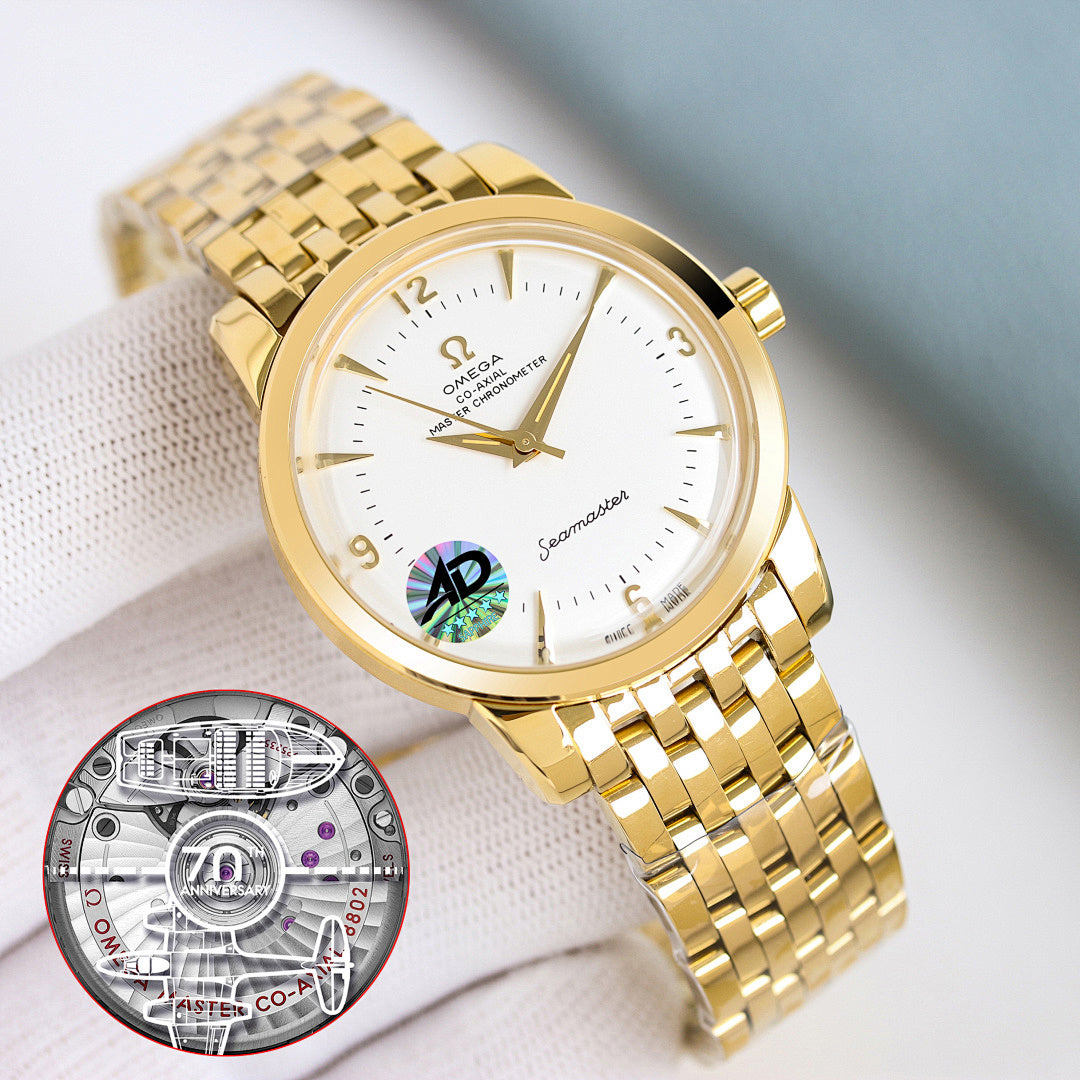 Omega Seamaster watch with gold bracelet, white dial, and caseback disc insert