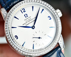 Omega Seamaster watch close-up: blue leather strap, jeweled bezel, white dial