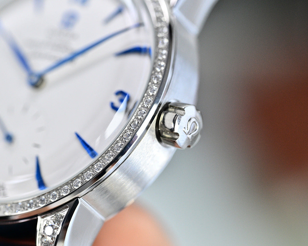 Omega Seamaster crown side with metal guard and sparkling bezel detail