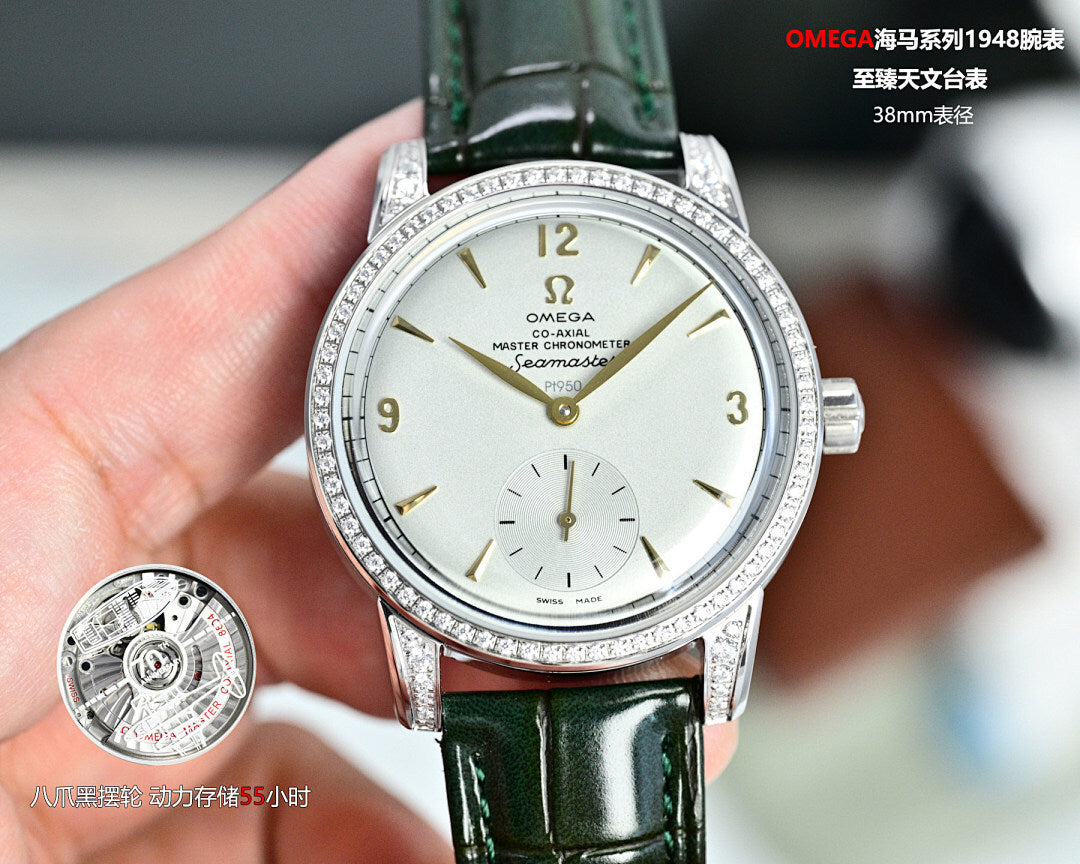 Omega Seamaster watch on green leather strap, jeweled bezel, white dial and subdials