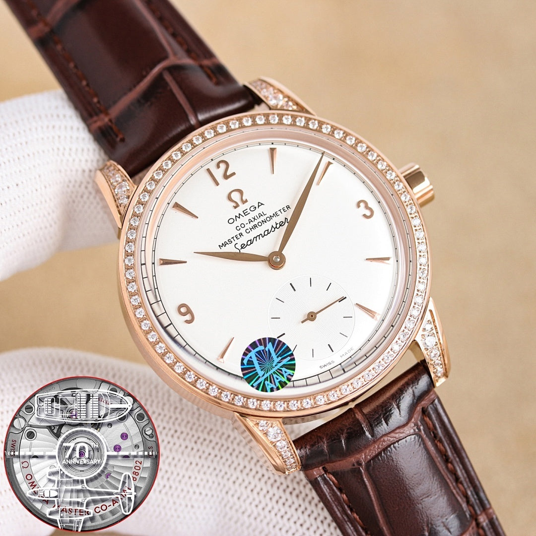 Rose-tone Seamaster watch with white dial, diamond bezel, brown leather strap